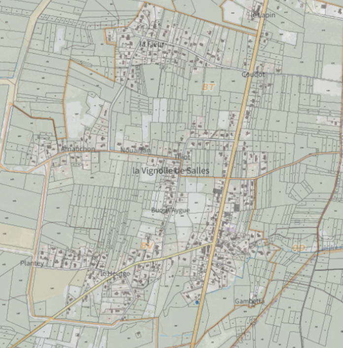 Parcelles du quartier Lavignolle à Salles vue du cadastre