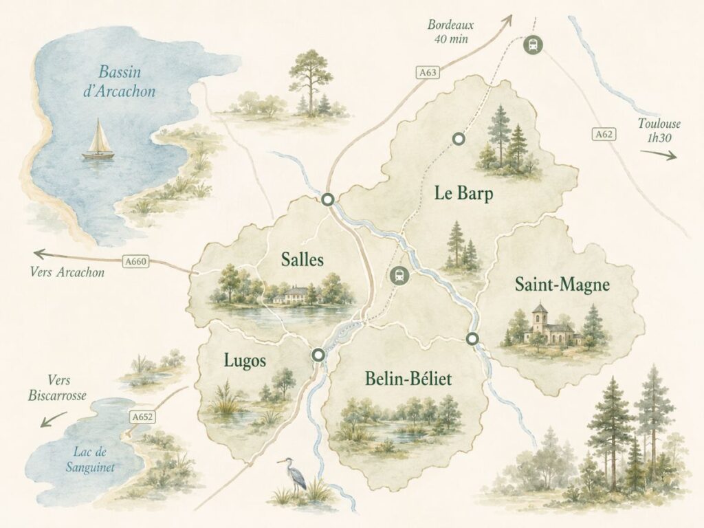 Carte illustrée du Val de l’Eyre avec les communes de Salles, Belin-Béliet, Le Barp, Lugos et Saint-Magne