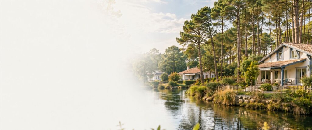 Cadre de vie naturel dans le Val de l’Eyre avec maison, rivière et forêt de pins