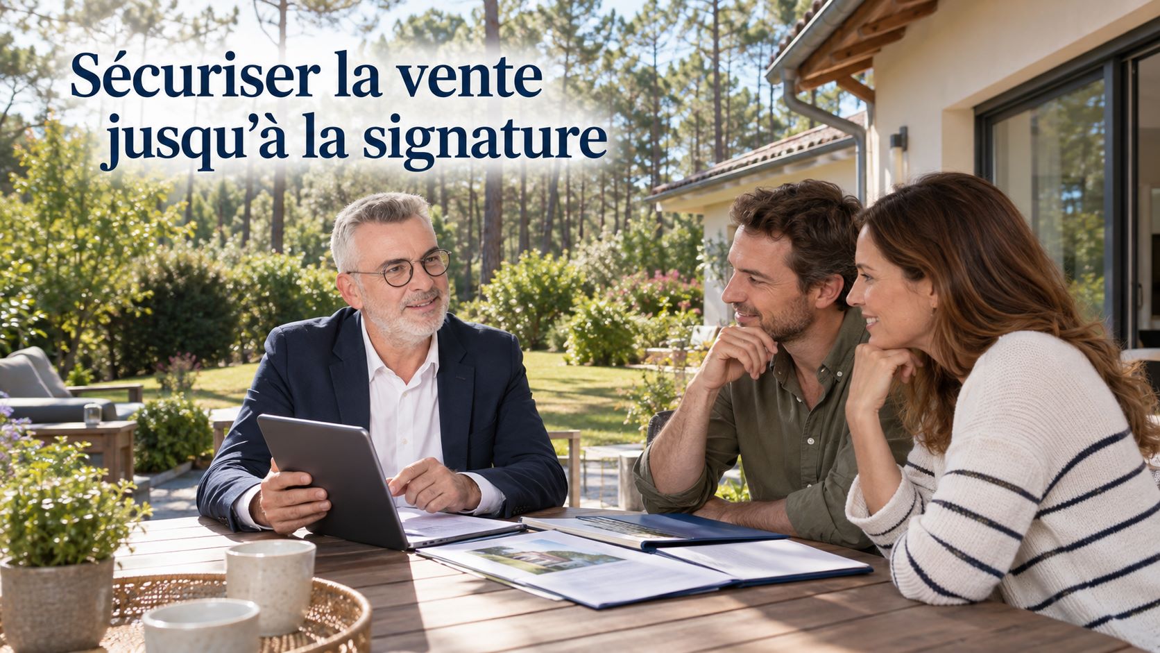 Étude d'une offre avec un couple d'acquéreurs sur une terrasse donnant sur les pins, à Salles