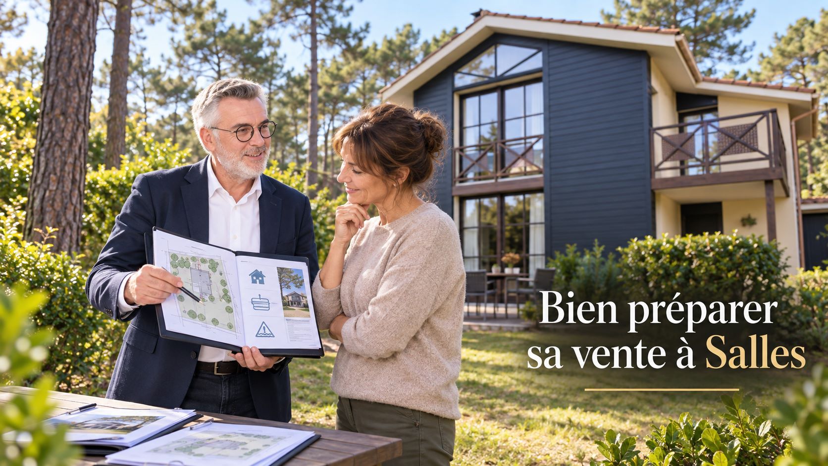 Premier rendez-vous de préparation de vente devant une maison familiale de Salles